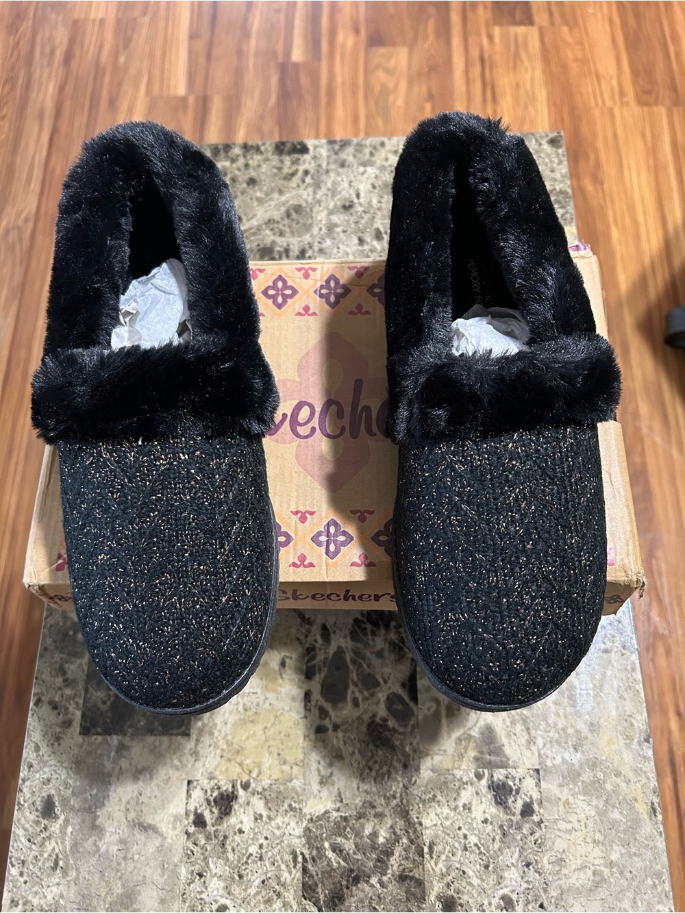 Skechers Women's Black Sparkle Faux Fur Slip-On Slippers